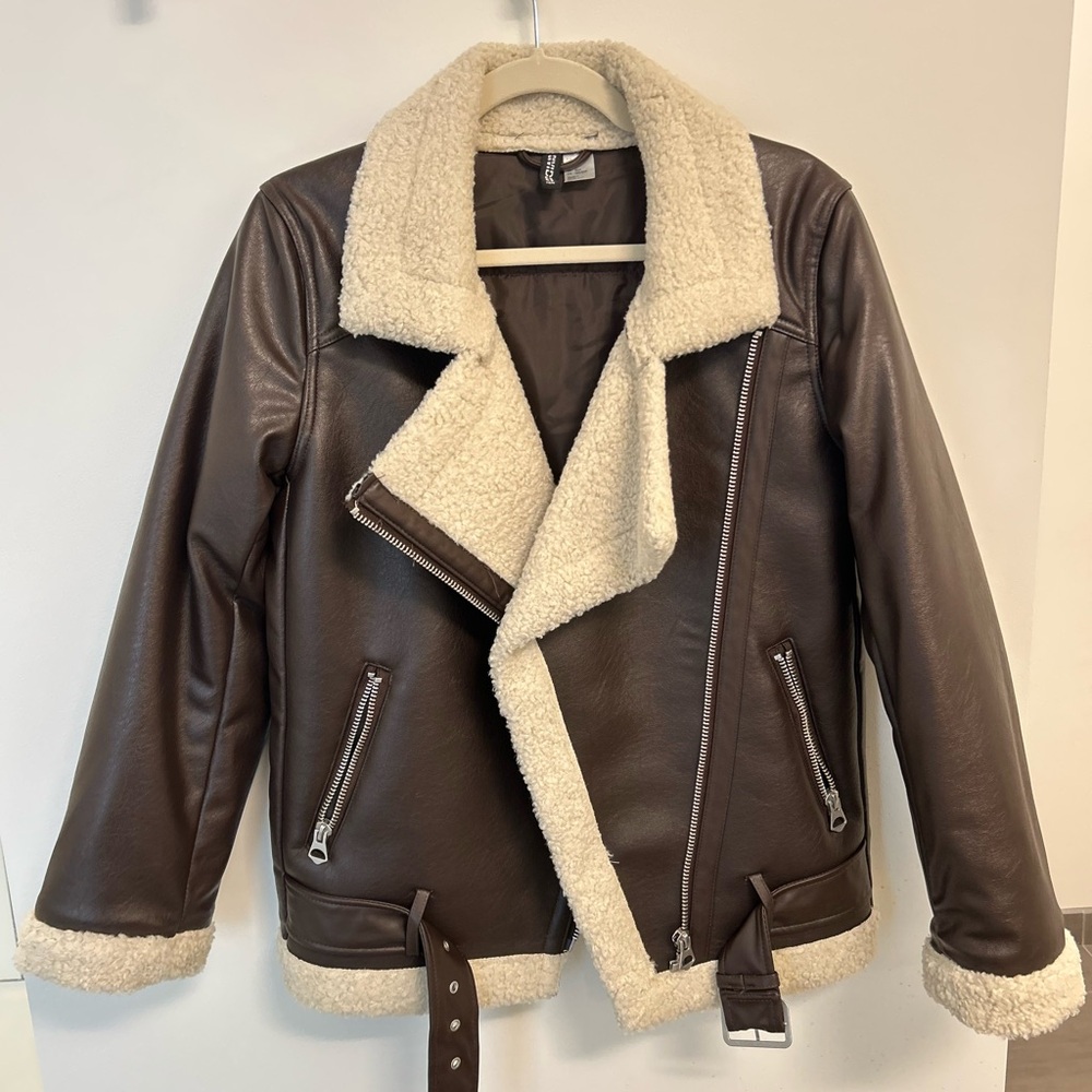 Brown Faux Leather Jacket with Cream Sherpa Lining